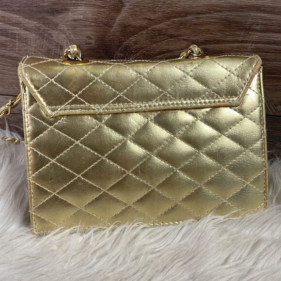 Gold Metallic Quilted Evening Bag with Goldtone Chain - Picture 6 of 11